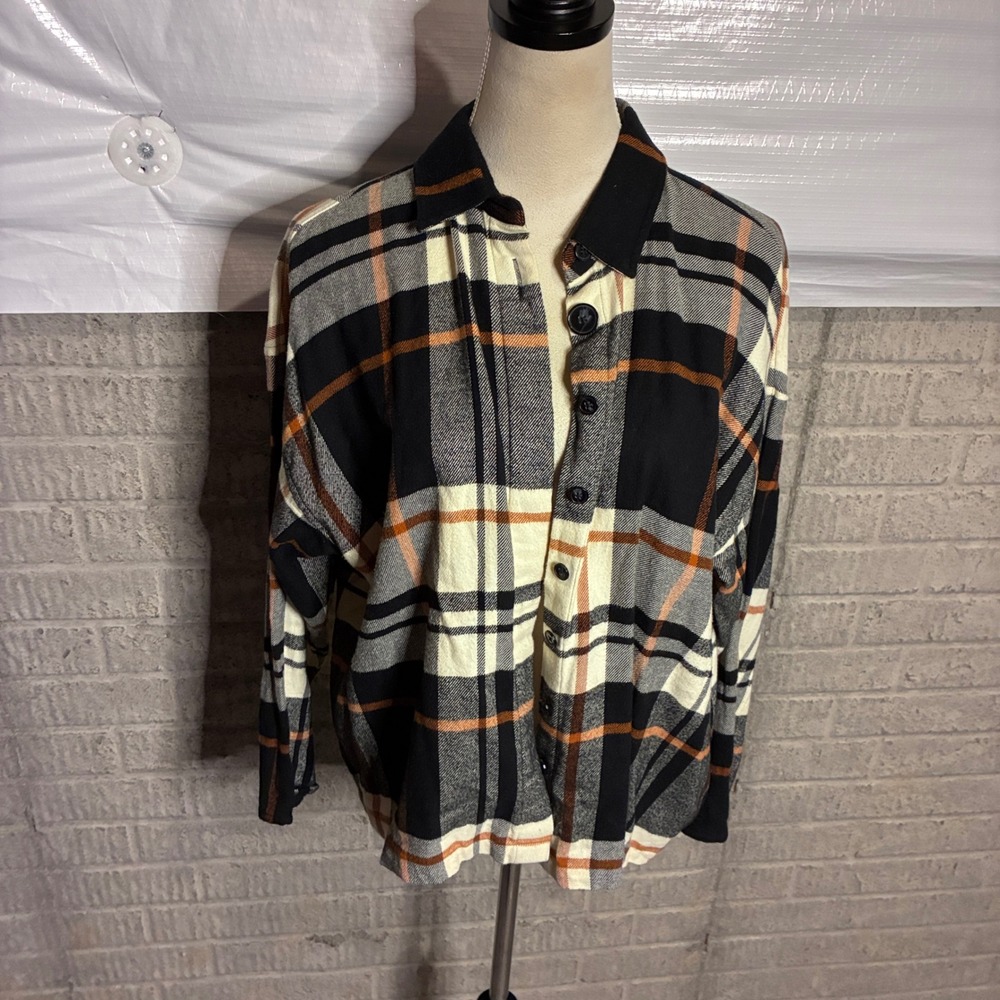 Madewell Womens Plaid Button Front Shirt Black Cream Orange Cotton Size M